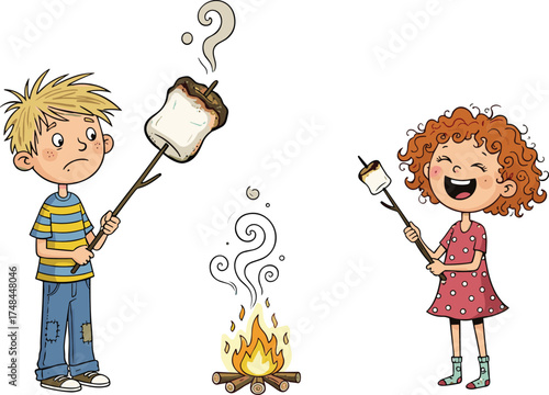 Cartoon children roasting marshmallows, campfire illustration, boy confused with burnt marshmallow, girl happy with perfect roast, playful design, outdoor activity