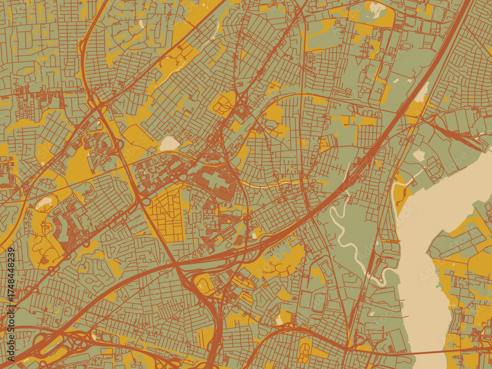 Obraz premium Poster-ready flat map of Woodbridge New, Jersey, muted sage base, rust-colored roads, and soft ochre highlights.