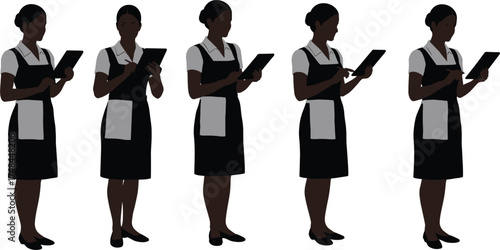 Modern maid silhouette using tablet, digital housekeeping concept, smart technology in service industry, futuristic domestic worker, tech-savvy cleaner illustration, black uniform