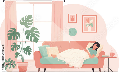 Woman sleeping peacefully on a comfy sofa with a blanket. Calm home environment with a person resting on a couch. Cozy living room with a woman enjoying a nap on the sofa