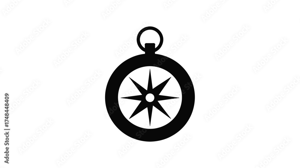 Fototapeta premium Simple black silhouette of an antique pocket compass with a star shaped needle on a white background