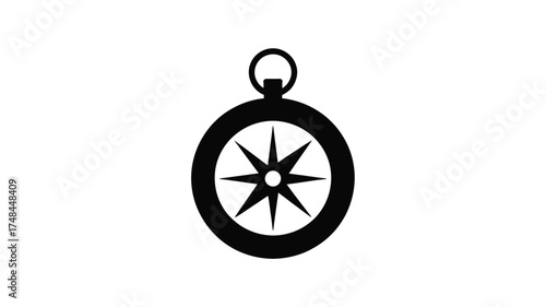 Simple black silhouette of an antique pocket compass with a star shaped needle on a white background