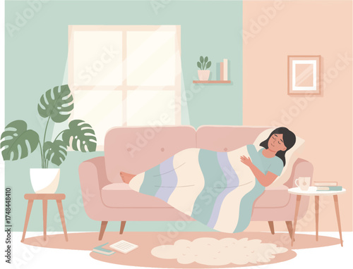 Cozy home setting with a woman resting on a couch. Peaceful indoor relaxation scene on a comfy sofa. Woman lounging on couch under a cozy blanket. Serene living room with plants and soft colors.