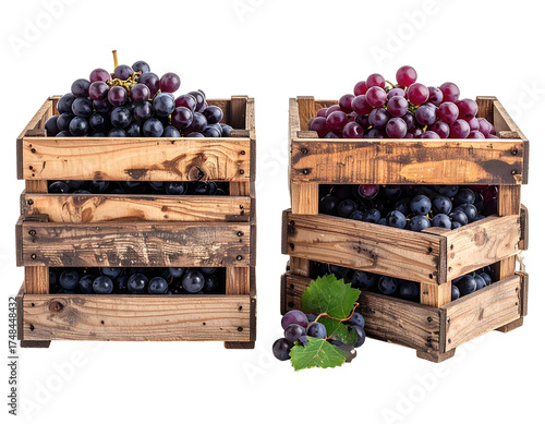 Two wooden crates filled with plump red grapes