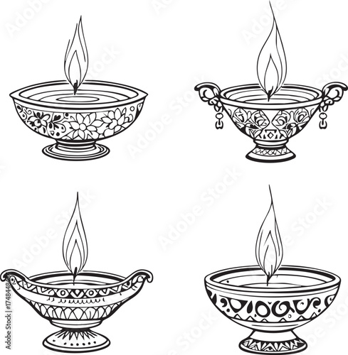 Ornate oil lamp vector set—four traditional Diwali diya designs with flames and decorative motifs in black-and-white sketch style