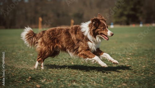 Energetic border collie sprints across green field, showcasing its playful spirit and agility in a dynamic outdoor scene, perfect for active lifestyle brands