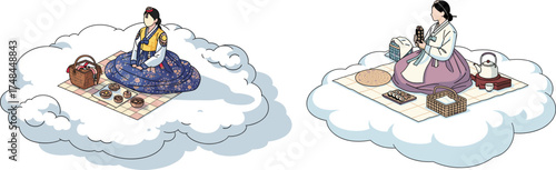 Two women in traditional Korean hanbok attire enjoy a serene picnic on fluffy clouds, offering tea and treats.