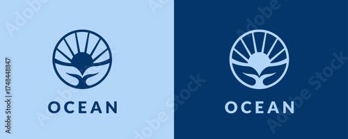 Minimalist ocean logo design featuring sun rays over whale tails.