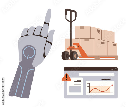 Robotic hand pointing upwards, loaded pallet jack, and analytics dashboard with warning sign. Ideal for automation, robotics, AI, logistics, supply chain data analysis and innovation. Simple flat