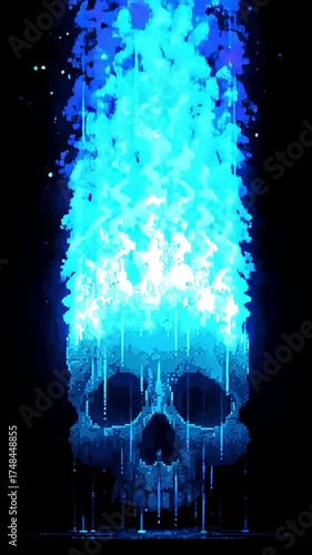 skull and blue fire pixel style