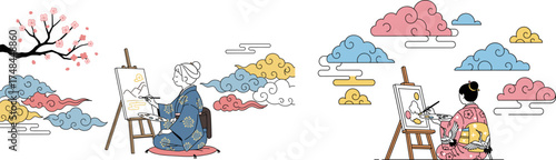 Two women in traditional Japanese attire are painting on canvas with an easel, surrounded by stylized clouds and cherry blossoms, creating art.