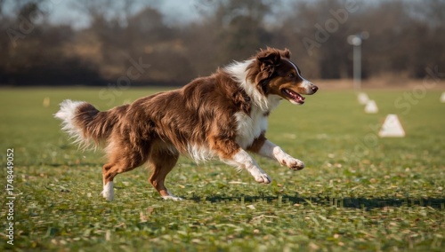 Energetic Australian Shepherd joyfully running across vibrant green grass, radiating happiness and playful spirit under the bright sunshine, perfect for active lifestyle