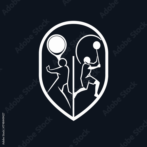 Stylized graphic of two badminton players in action, one serving and the other leaping to hit the shuttlecock.