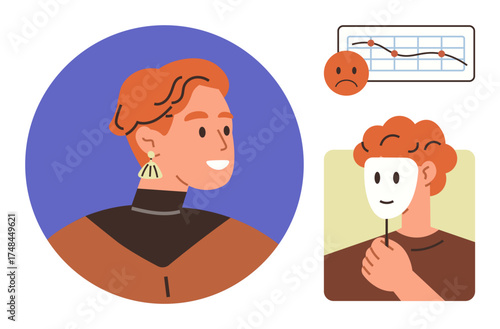 Person holding mask to hide emotions, a sad face and graph indicating mood fluctuations. Ideal for mental health, emotional intelligence, self-awareness, psychology, stress management, personal