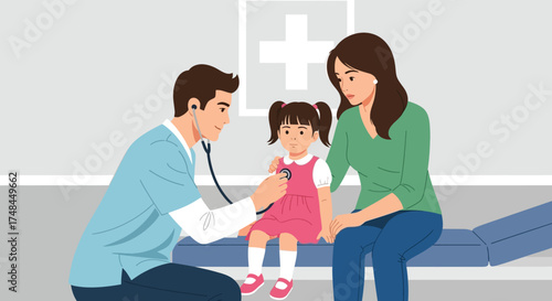 Pediatrician examining a young girl with a stethoscope while her mother looks on, illustration
