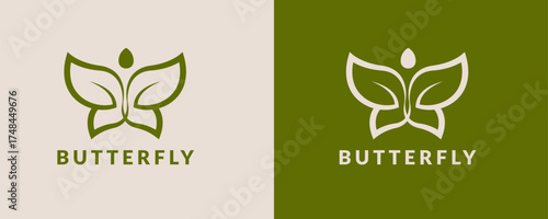 Elegant green butterfly logo with organic leaf wings and a subtle droplet.