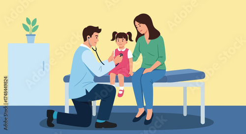 Caring male doctor performs a health check-up on a little girl patient accompanied by her mother in a hospital examination room