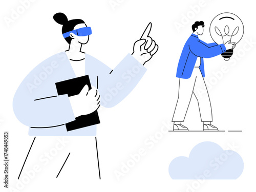 Person wearing AR glasses pointing upwards with a tablet, while another carries a glowing lightbulb. Ideal for teamwork, technology, innovation, futuristic ideas, creativity, virtual reality