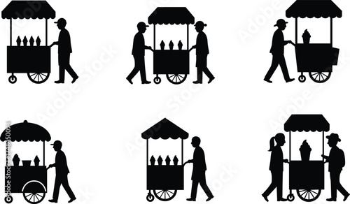 Street ice cream vendor silhouette, mobile cart, canopy stand, people buying dessert, summer snack, black figure, isolated illustration, outdoor vending scene