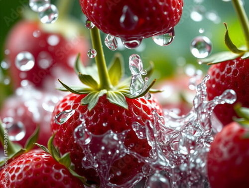Vibrant Close-up of Fresh Strawberry with Dynamic Water Flow and Splash