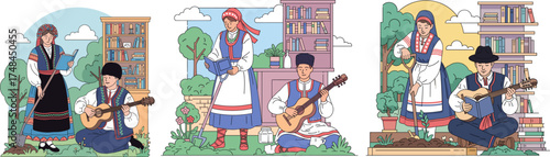 Traditional musicians in folk costumes play instruments outdoors near buildings and trees, evoking cultural heritage and community.