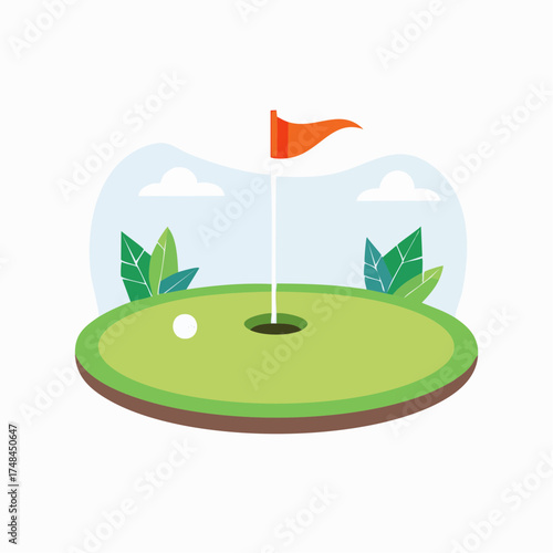 Vector illustration of a golf ball on the putting green near the hole and the flagstick