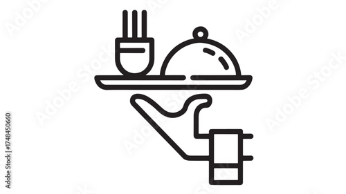 Hand serving covered dish on tray with utensils, representing hospitality and catering services.