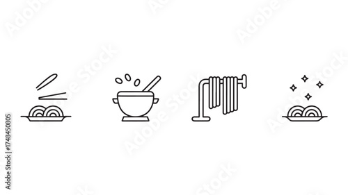 Simple line icons representing food preparation and serving.