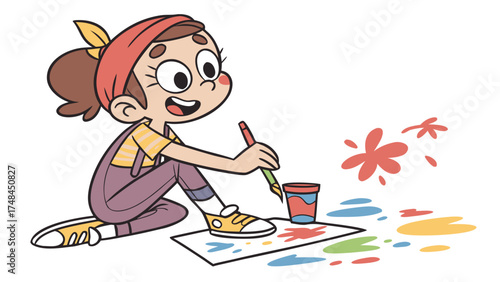 Cartoon girl painting on floor joyfully with colorful splashes showing creativity and happiness vector