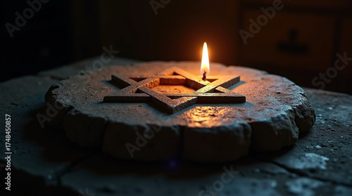 Illuminating the star of david a poignant image capturing the essence of jewish faith and remembrance, with a candle casting a warm glow on the ancient symbol of heritage and hope
