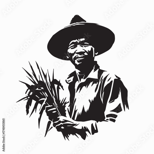Traditional Farmer Holding Rice Plant Silhouette Vector isolated on white background