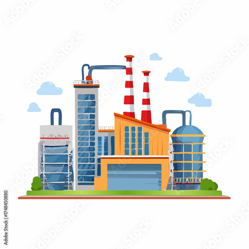 Flat Design Industrial Complex Illustration featuring Factory Buildings, Production Facilities, and Chemical Tanks