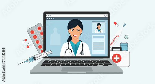 Digital healthcare concept Doctor offering virtual medical advice through online video call on a laptop, emphasizing accessible remote patient care and telehealth services