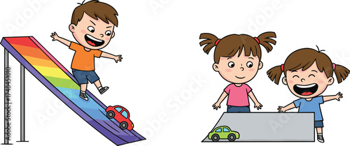 Cartoon children playing with toy cars, ramps experiment, educational illustration, kids learning physics, motion, gravity, creativity, playful design, fun activity