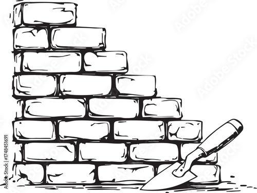 Brick wall construction vector—staggered masonry with trowel tool in black-and-white sketch style for building and craftsmanship