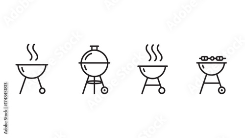 Collection of simple line art icons representing charcoal grills and skewers, perfect for outdoor cooking themes.