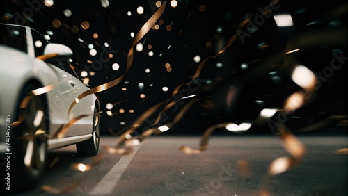 Luxury car, blur festive background, golden streamers and confetti, celebration event.