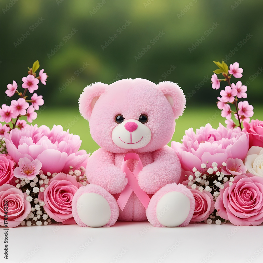 Fototapeta premium Pink teddy bear with breast cancer awareness ribbon surrounded by pink roses and flowers, soft background, symbol of care, love and hope