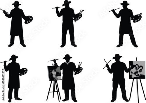 Artist silhouette illustration, painting on canvas, holding brush and palette, creative expression, art studio scene, black vector for design use