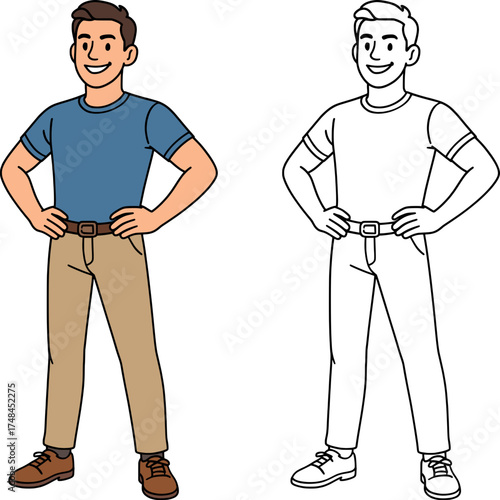 Proud young man standing tall with hands on hips and confident smile