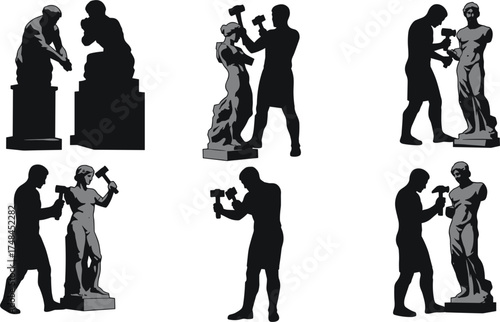 Sculptor silhouette, artistic process, statue creation, stone carving, evolution of sculpture, craftsmanship, black and white illustration, creative transformation, fine art, minimal design
