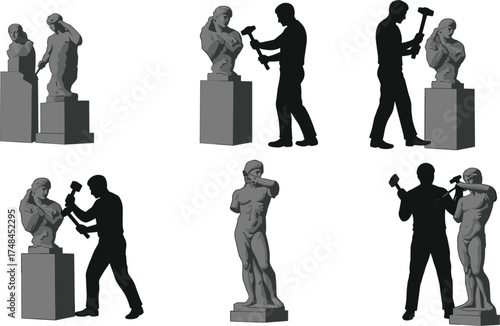 Sculpting process, statue creation, stone carving evolution, sculptor silhouette, artistic transformation, craftsmanship, black and white illustration, creative journey, fine art, minimal concept