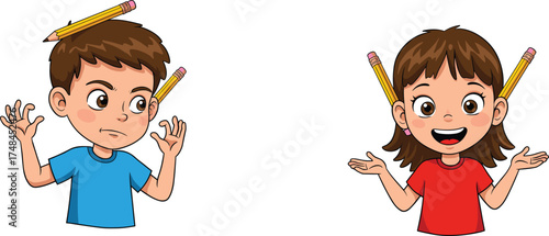 Cartoon children with pencils, boy confused expression, girl smiling, playful illustration, kids learning, school humor, education, creativity, imagination, funny design