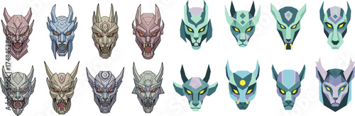 Collection of stylized animal head vectors, featuring varied designs and color palettes, suitable for graphic design elements or character creation in digital art.