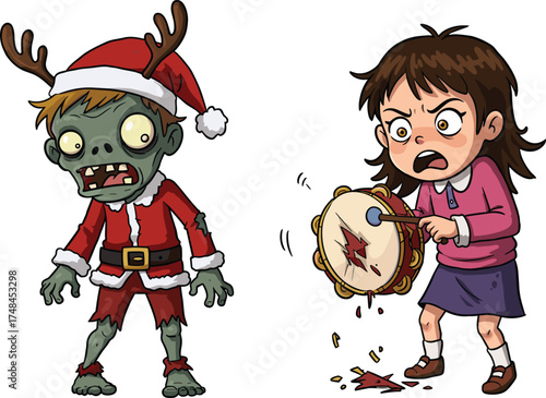 Zombie Santa, angry girl, broken tambourine, cartoon characters, surreal humor, holiday clash, Christmas chaos, emotional outburst, funny illustration, stock image