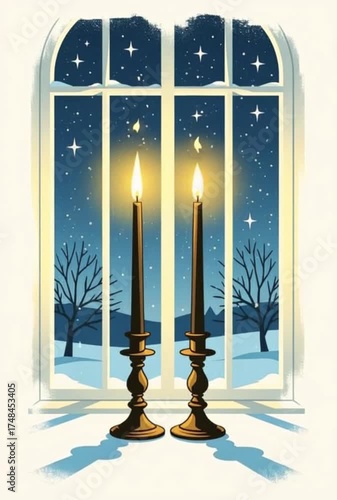 Candlelit window overlooking snowy night with stars and trees  
