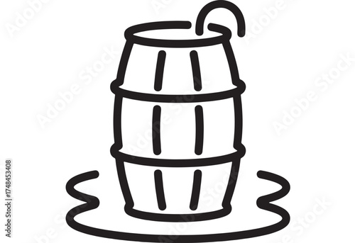 Leaking barrel with liquid pooling around it, simple line art illustration