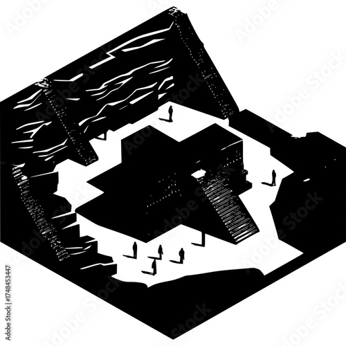 Architectural Harmony: Intricate silhouette of a grand architectural structure and people in this unique illustration.
