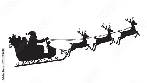 Santa Claus and reindeer silhouette flying through the night sky