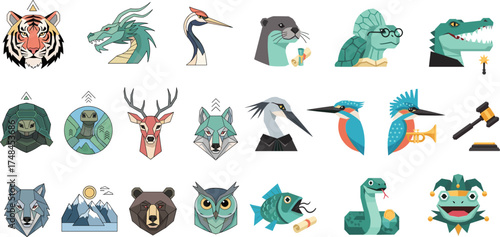 A diverse collection of stylized animal heads and symbols, featuring a tiger, dragon, deer, wolf, bear, owl, and more, presented in a graphic illustration.